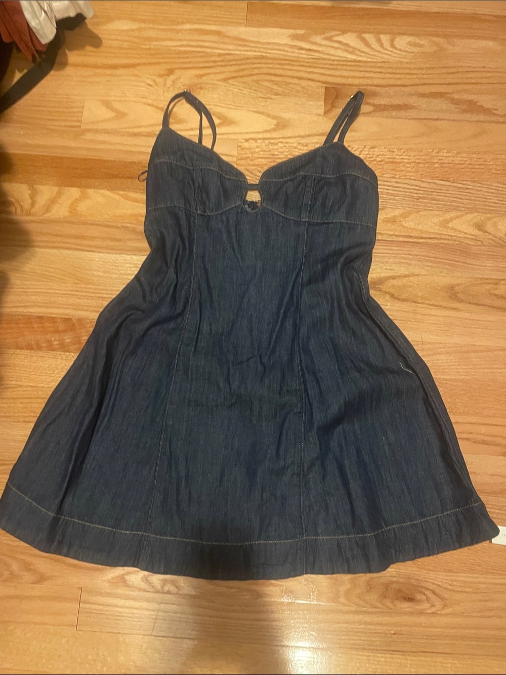 Reformation Dark Blue Denim Mini Dress with Sweetheart Bust retail $218